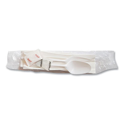 BSQ1171241 Mediumweight Cutlery Kit, Fork/Knife/Napkin/Pepper/Salt/Spoon, Plastic, White, 250/Carton