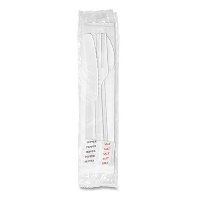 BSQ1181239 Medium Heavyweight Cutlery Kit, Fork/Knife/Napkin/Pepper/Salt/Spoon, Plastic, White, 250/Carton