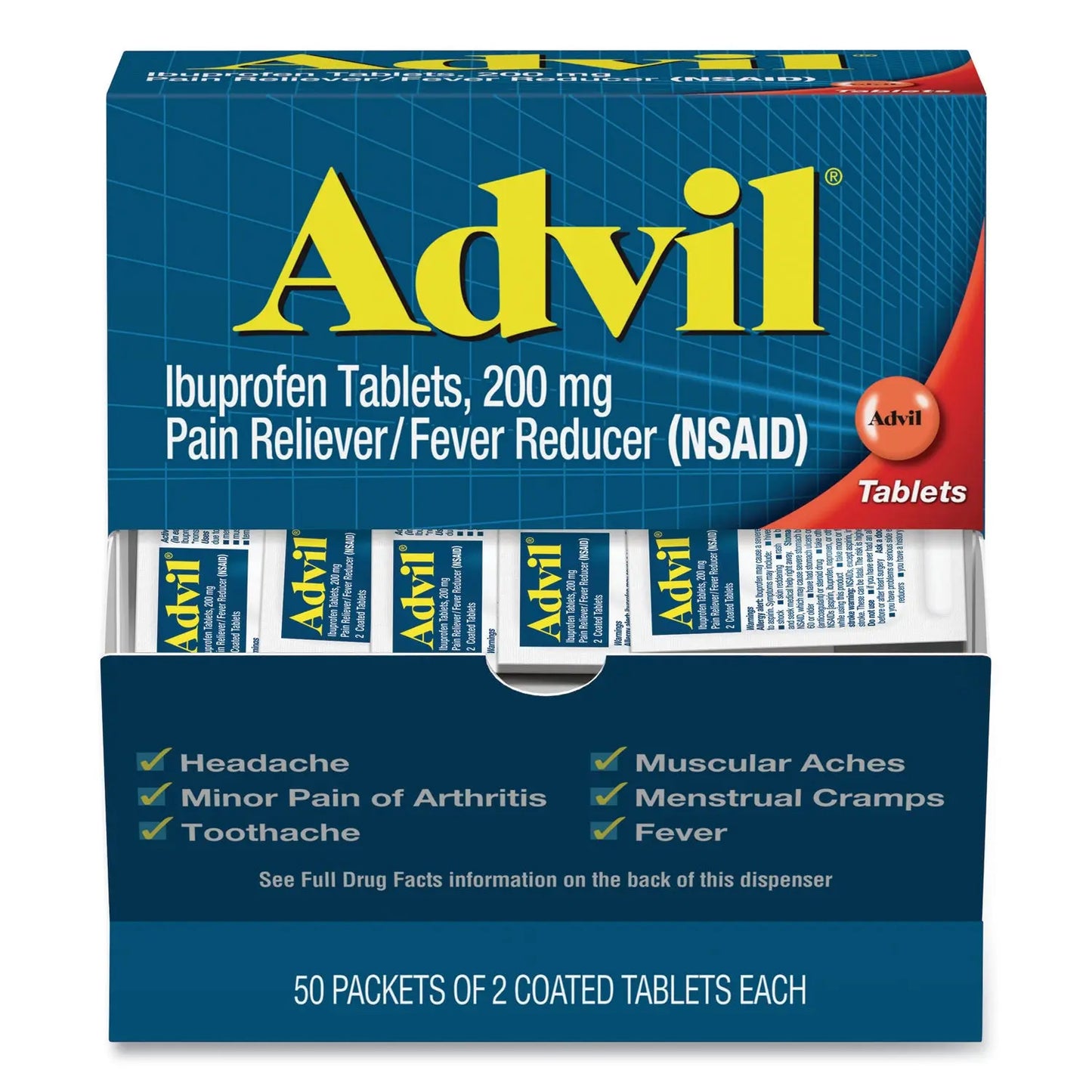 PFYBXAVL50BX Ibuprofen Tablets, Two-Pack, 50 Packs/Box Advil