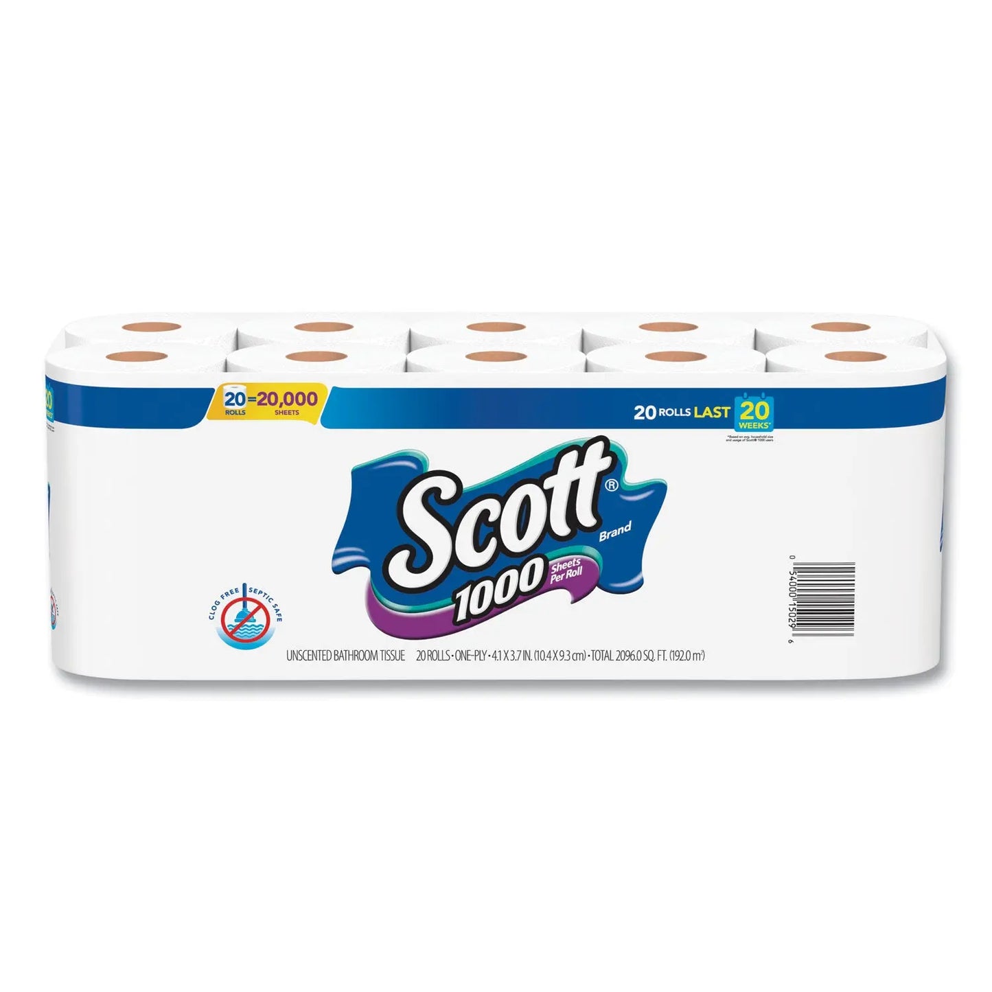 KCM20032CT 1000 Bathroom Tissue, Septic Safe, 1-Ply, White, 1,000 Sheets/Roll, 20 Rolls/Pack, 2 Packs/Carton Scott