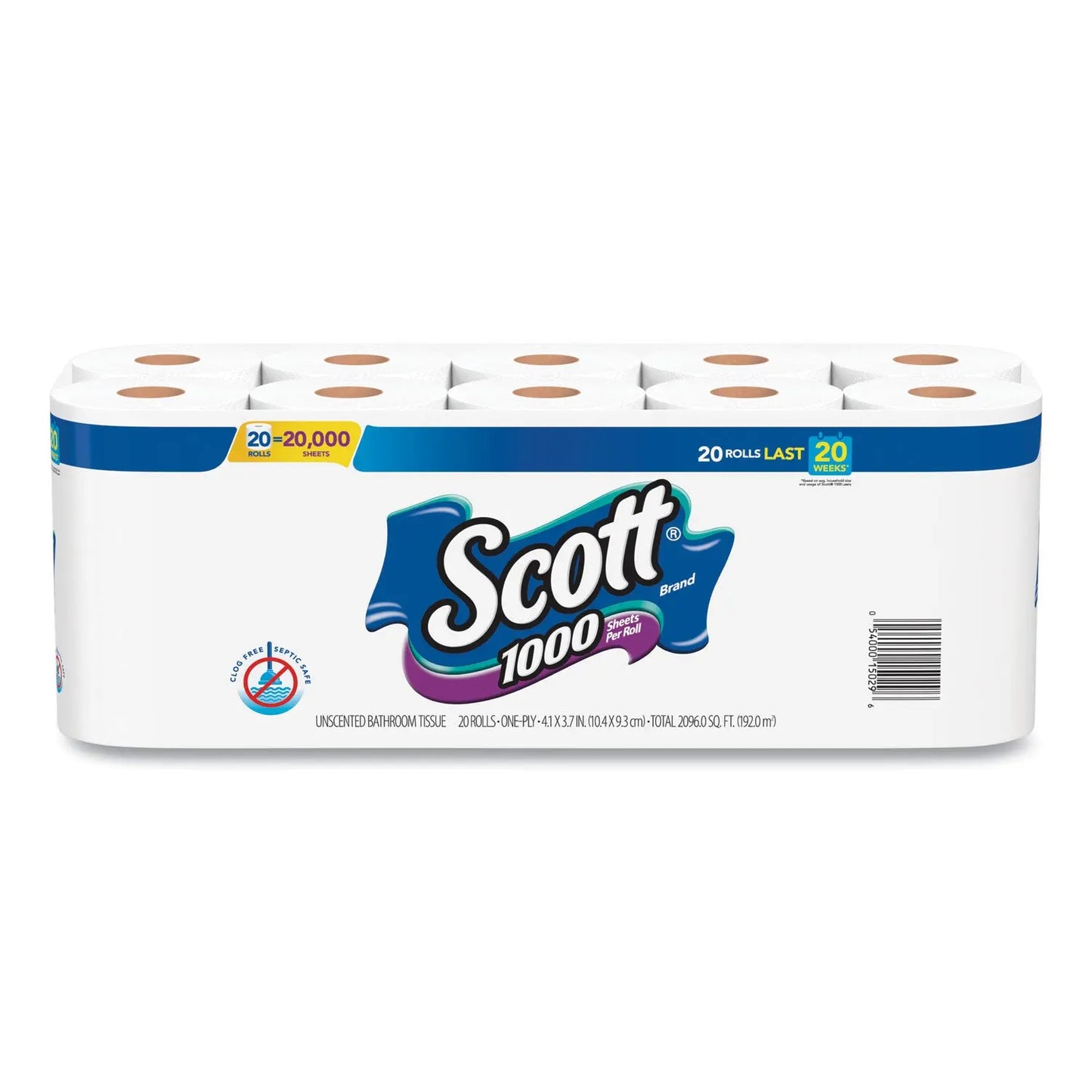 KCM20032PK 1000 Bathroom Tissue, Septic Safe, 1-Ply, White, 1,000 Sheets/Roll, 20 Rolls/Pack Scott