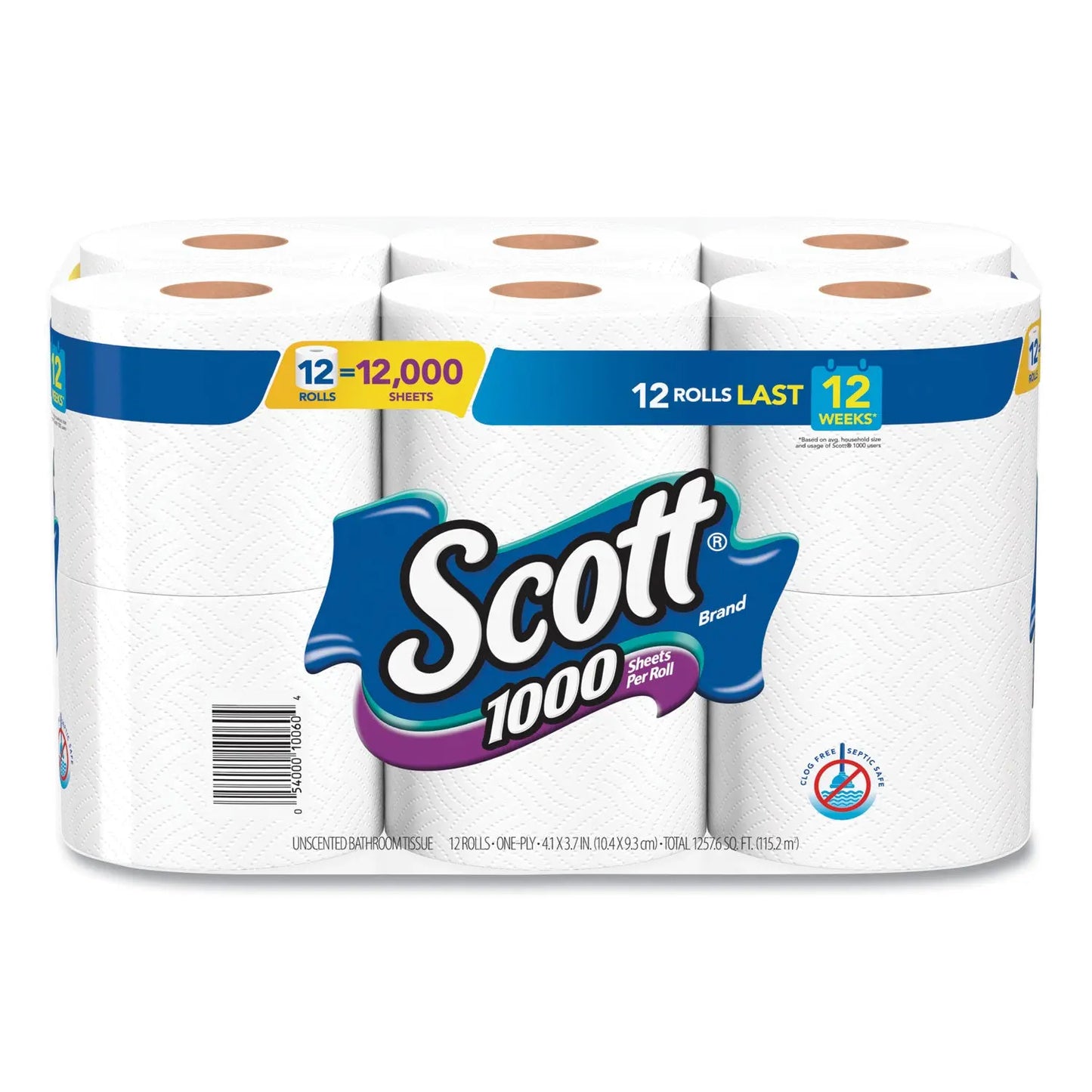 KCM10060 1000 Bathroom Tissue, Septic Safe, 1-Ply, White, 1,000 Sheets/Roll, 12 Rolls/Pack, 4 Packs/Carton Scott