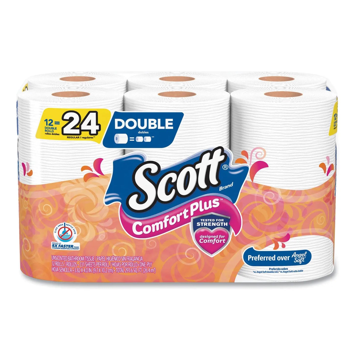 KCM47618 ComfortPlus Toilet Paper, Double Roll, Bath Tissue, Septic Safe, 1-Ply, White, 231 Sheets/Roll, 12 Rolls/Pack, 4 Packs/Carton Scott