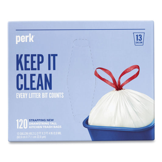 PRK24377876 Drawstring Tall Kitchen Trash Bags, 13 gal, 28" x 24", White, 120/Box