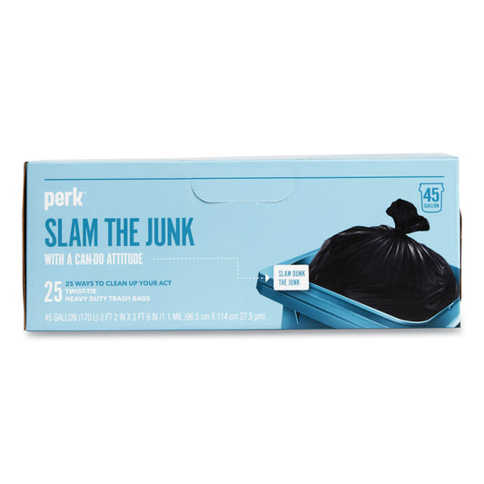 PRK24377877 Twist-Tie Heavy-Duty Trash Bags, Open-Face, 45 gal, 1.1 mil, 45" x 38", Black, 25/Box