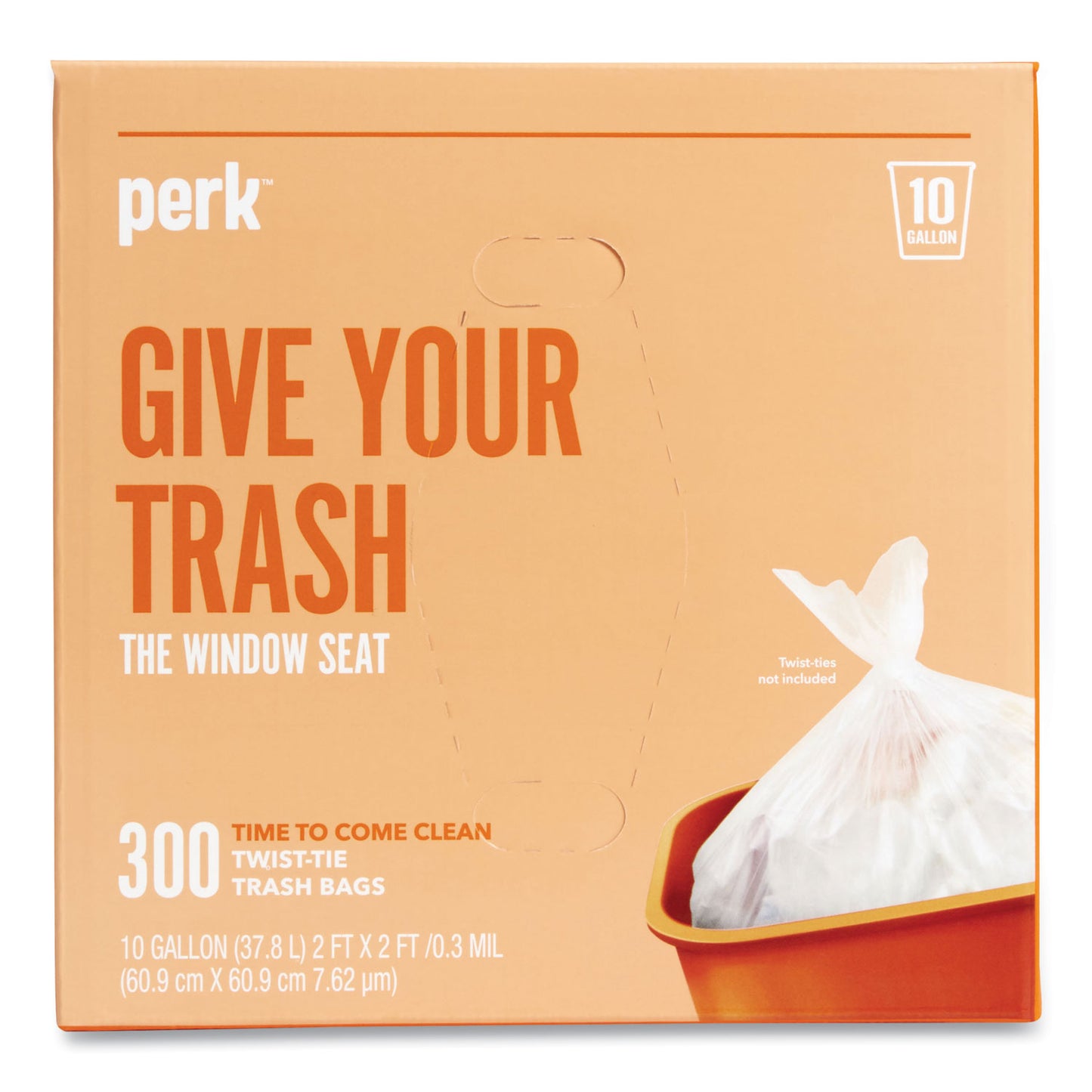 PRK24377878 Twist-Tie Light-Duty Can Liners, 10 gal, 0.36 mil, 24" x 24", Clear, Flat Pack, 300/Box Perk
