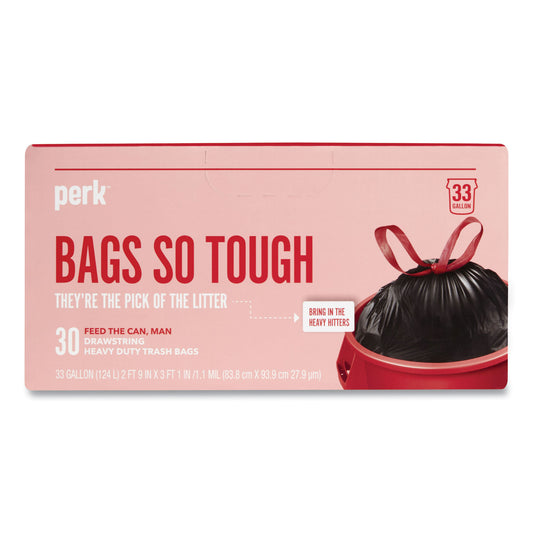 PRK24377879 Drawstring Heavy-Duty Trash Bags, 33 Gal, 1.1 Mil, 37" X 33", Black, 30/box