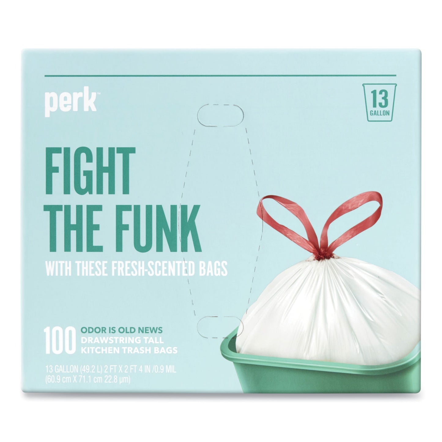 PRK24377880 Scented Drawstring Tall Kitchen Trash Bags, 13 gal, Fresh Scent, 28" x 24", White, 100/Box Perk