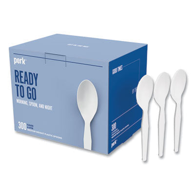 PRK24394118 Eco-ID Mediumweight Compostable Cutlery, Spoon, Plastic, White, 300/Pack PERK