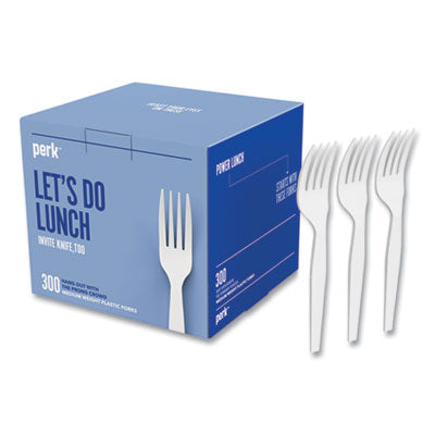 PRK24394114 Eco-ID Mediumweight Compostable Cutlery, Fork, Plastic, White, 300/Pack PERK