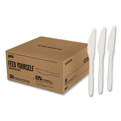 PRK24394130 Eco-ID Compostable Cutlery, Mediumweight Knife, Plastic, White, 300/Pack PERK
