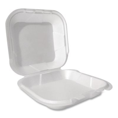 PST12091 Foam Hinged Lid Container, Secure Two Tab Latch, Poly Bag, 8 X 8.56 X 2.76, White, 100/sleeve, 2 Sleeves/bag, 1 Bag/pack