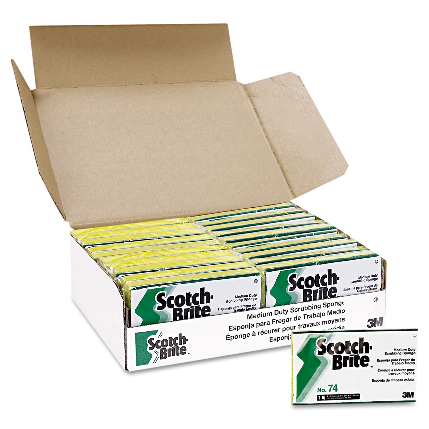 MMM74 Medium-Duty Scrubbing Sponge 74, 3.6 x 6.1, 0.7" Thick, Yellow/Green, 20/Carton
