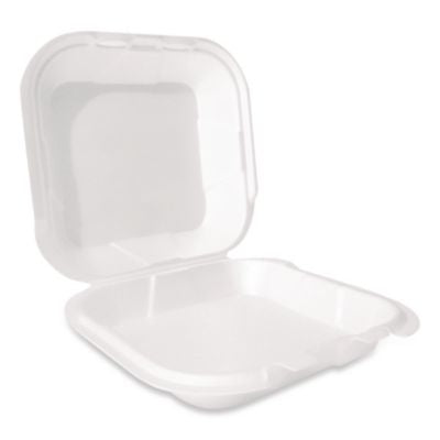 PST12095 Foam Hinged Lid Container, Secure Two Tab Latch, Poly Bag, 9 X 9 X 3, White, 100/bag, 2 Bags/carton PLASTIFAR SA