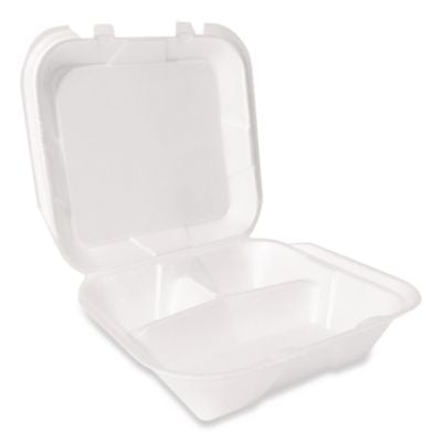 PST12094 Foam Hinged Lid Container, Secure Two Tab Latch, Poly Bag, 3 Compartments, 9 x 9 x 3, White, 100/Bag, 2 Bags/Carton PLASTIFAR SA