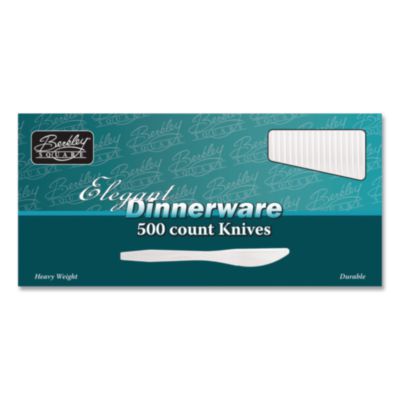 BSQ1071010 Elegant Dinnerware Heavyweight Cutlery, Knife, Plastic, White, 500/Box BERK ENTERPRISES INC