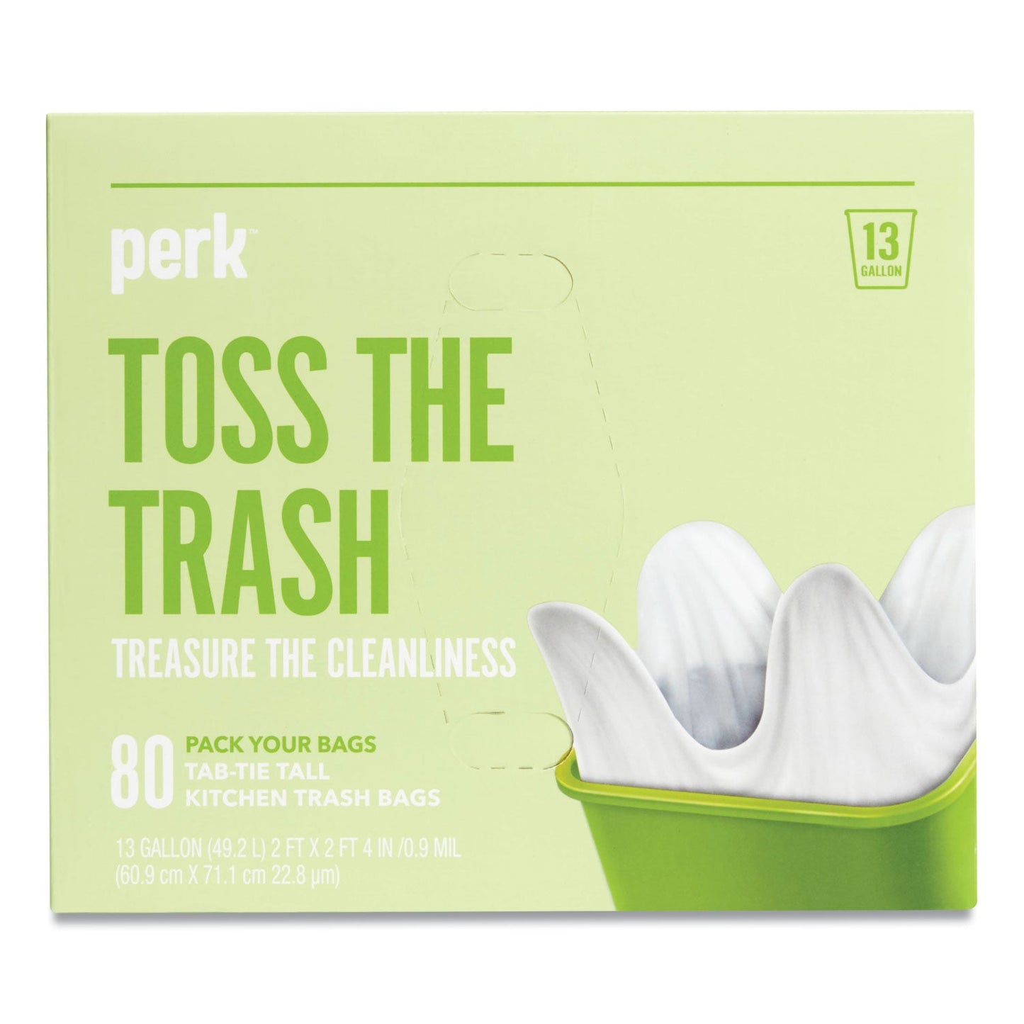 PRK24377881 Tab-Tie Tall Kitchen Trash Bags, Tie-Flap, 13 gal, 28" x 24", White, 80/Box Perk