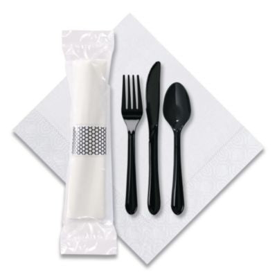 HFM119901 CaterWrap Cater to Go Express Cutlery Kit, Heavyweight, Fork/Knife/Napkin/Spoon, Plastic, Black, 100/Carton
