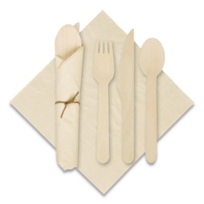 HFM120030 Pre-Rolled Caterwrap Kraft Napkins with Wood Cutlery, Fork/Knife/Napkin/Spoon, Plastic, Brown, 100/Carton