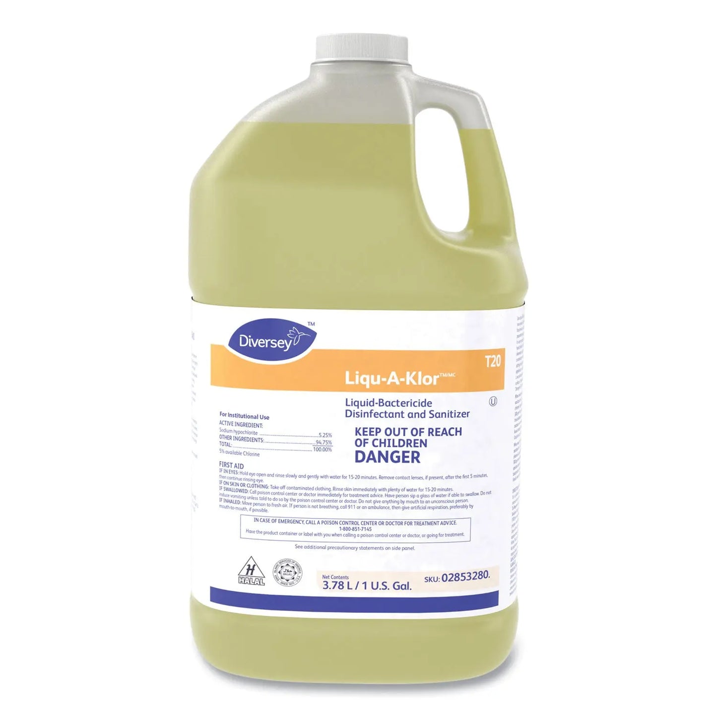 DVO02853280 Liqu-A-Klor Disinfectant/Sanitizer, 1 gal. Bottle, 4/Carton Diversey