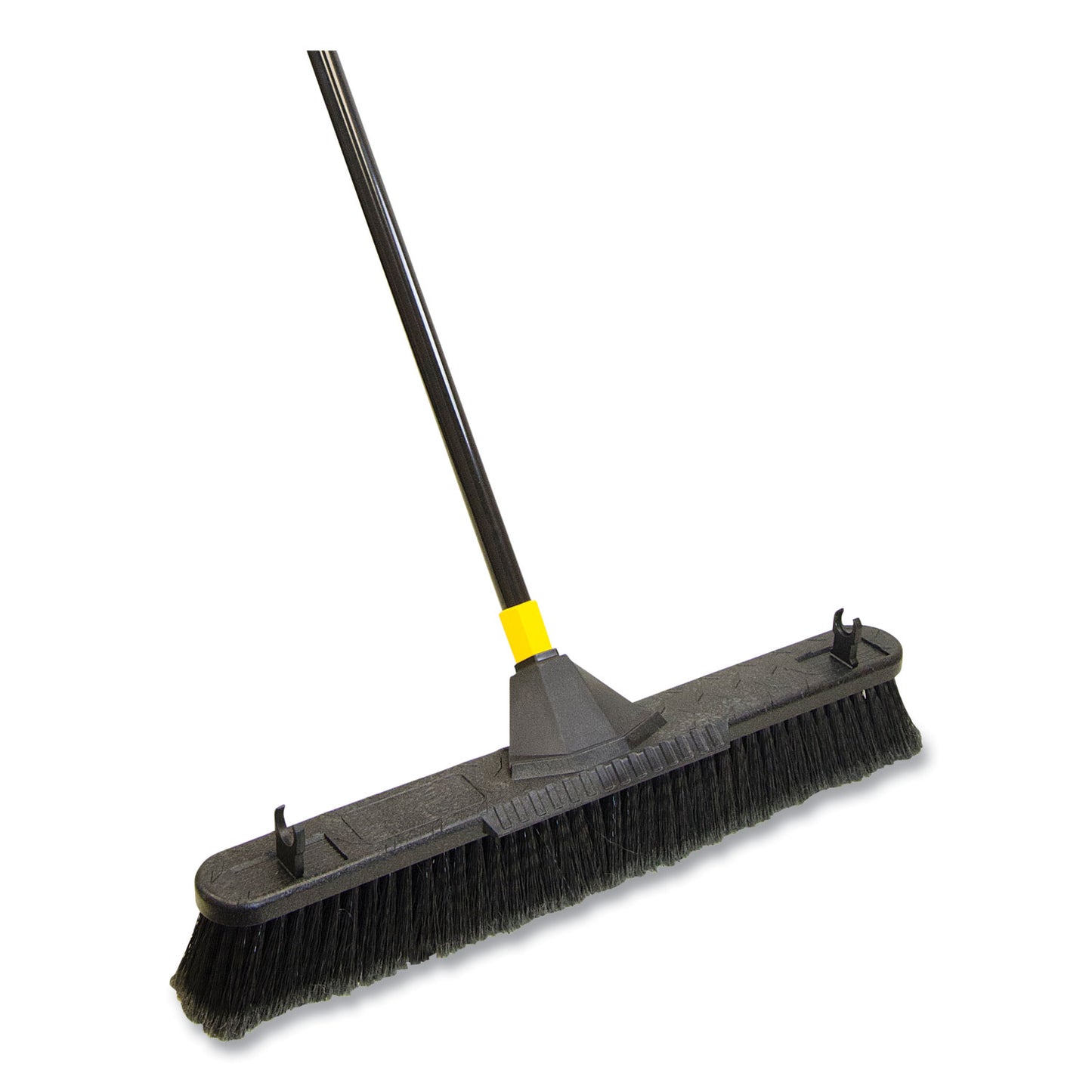 QCK633 Bulldozer Smooth Surface Pushbroom With Scraper Block, 24 X 60, Powder Coated Handle, Tampico Bristles, Black/yellow