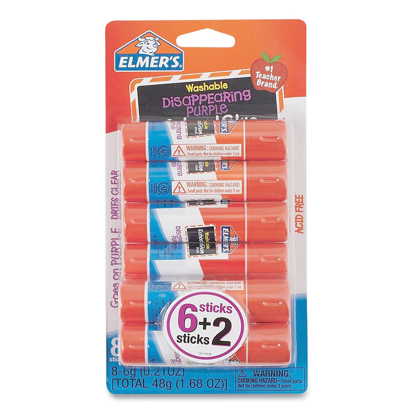 EPIE1591E1560 DISAPPEARING PURPLE SCHOOL GLUE STICK, 0.21 OZ, DRIES CLEAR, 8/PACK Elmer's