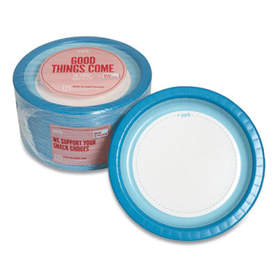 PRK24375256 Heavy-Weight Paper Plates, 10" dia, White/Blue, 125/Pack PERK