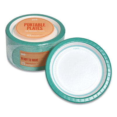 PRK24375263 Everyday Paper Plates, 8.5" Dia, White/teal, 125/pack