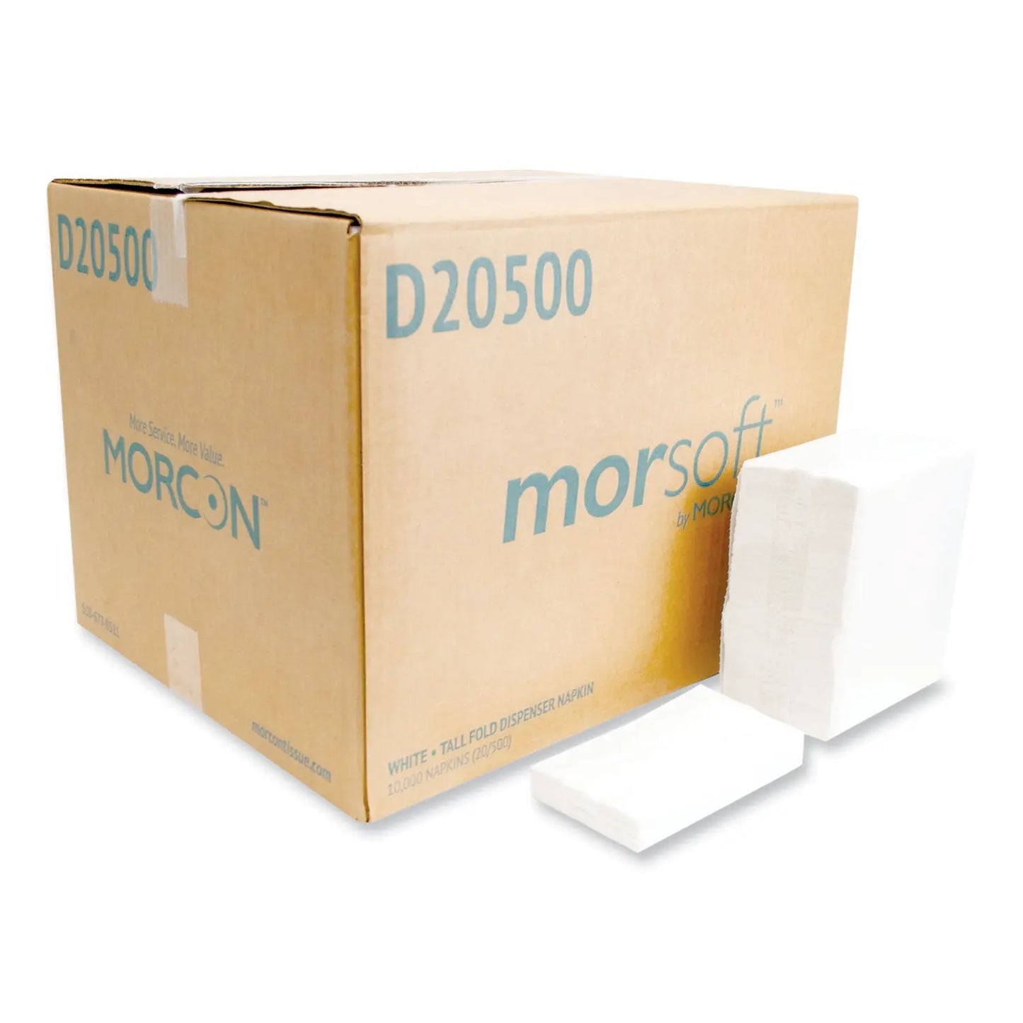 MORD20500 Morsoft Dispenser Napkins, 1-Ply, 6 x 13, White, 500/Pack, 20 Packs/Carton Morcon Tissue