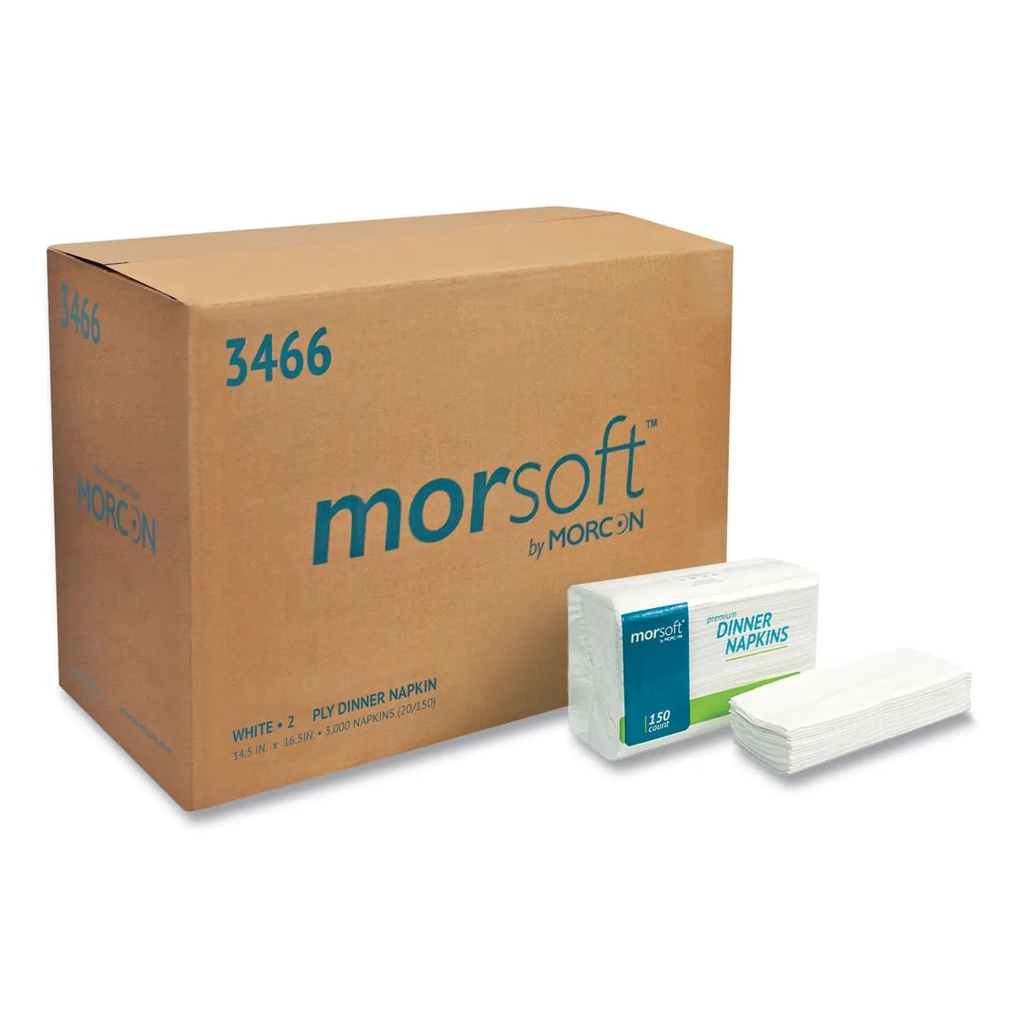 MOR3466 Morsoft Dinner Napkins, 2-Ply, 14.5 X 16.5, White, 3,000/carton Morcon Tissue