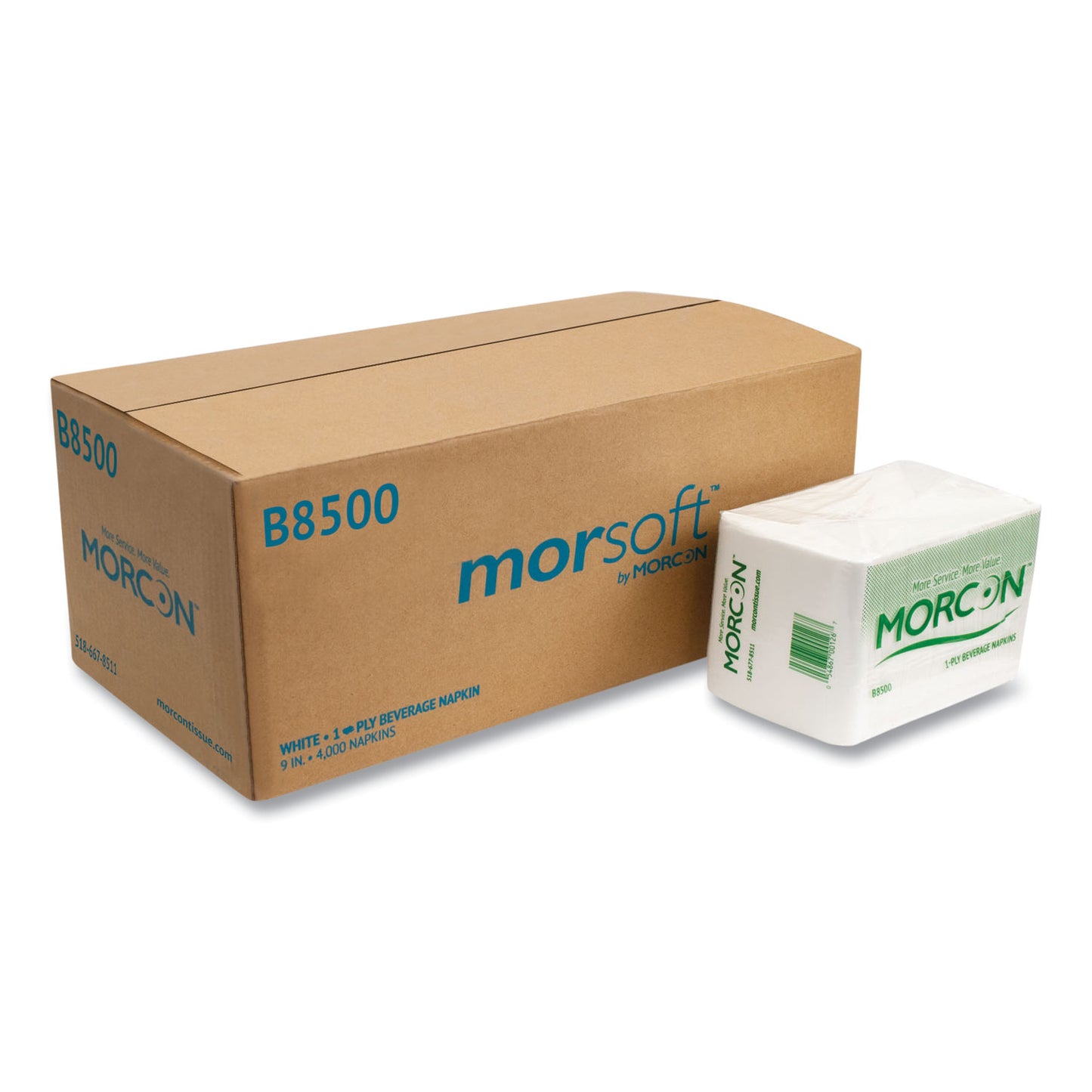 MORB8500 Morsoft Beverage Napkins, 1-Ply, 9 x 9, White, 500/Pack, 8 Packs/Carton Morcon Tissue