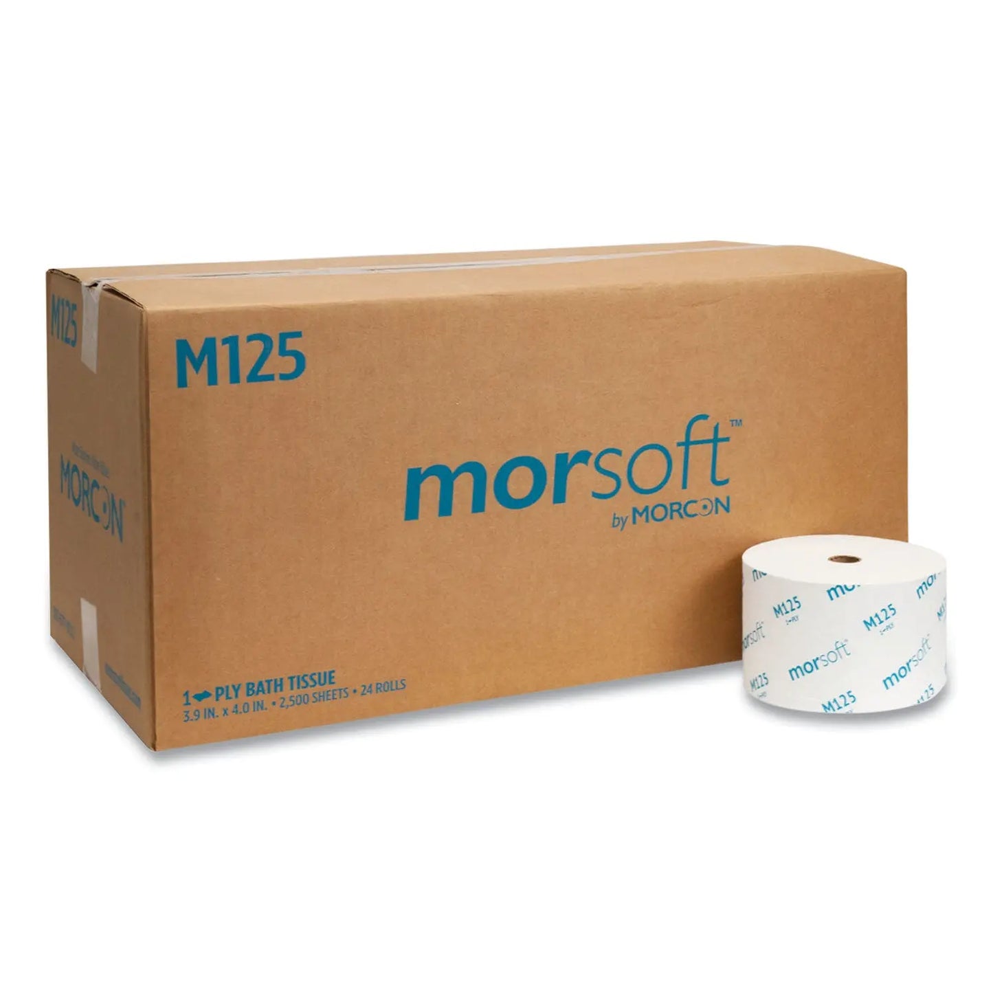 MORM125 Small Core Bath Tissue, Septic Safe, 1-Ply, White, 2,500 Sheets/Roll, 24 Rolls/Carton Morcon Tissue