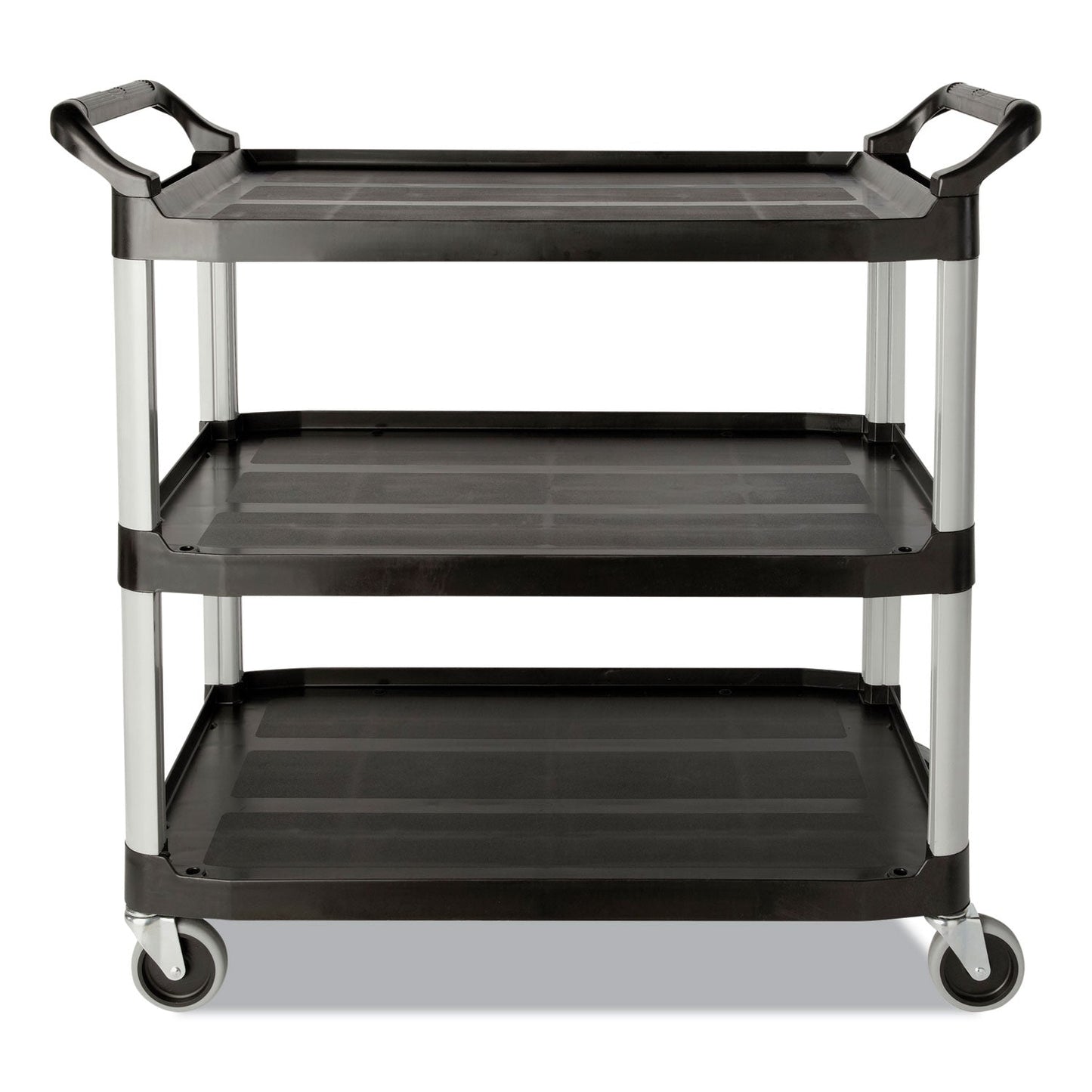 RCP342488BLA Three-Shelf Service Cart, Plastic, 3 Shelves, 200 lb Capacity, 18.63" x 33.63" x 37.75", Black RUBBERMAID COMMERCIAL PROD.