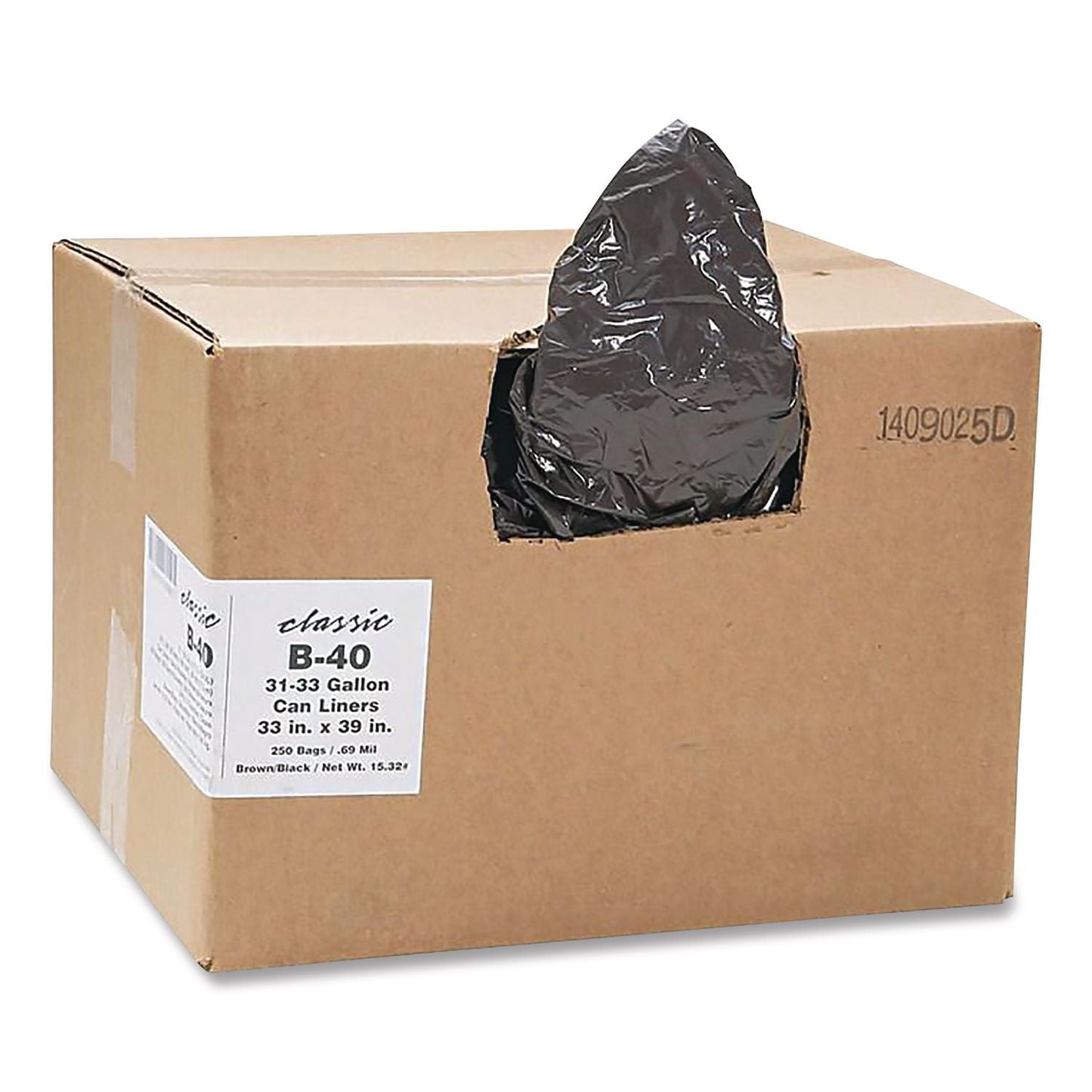 WBIB40790170 Linear Low-Density Can Liners, 33 Gal, 0.63 mil, 33 x 39, Black, 25 Bags/Roll, 10 Rolls/Carton Classic