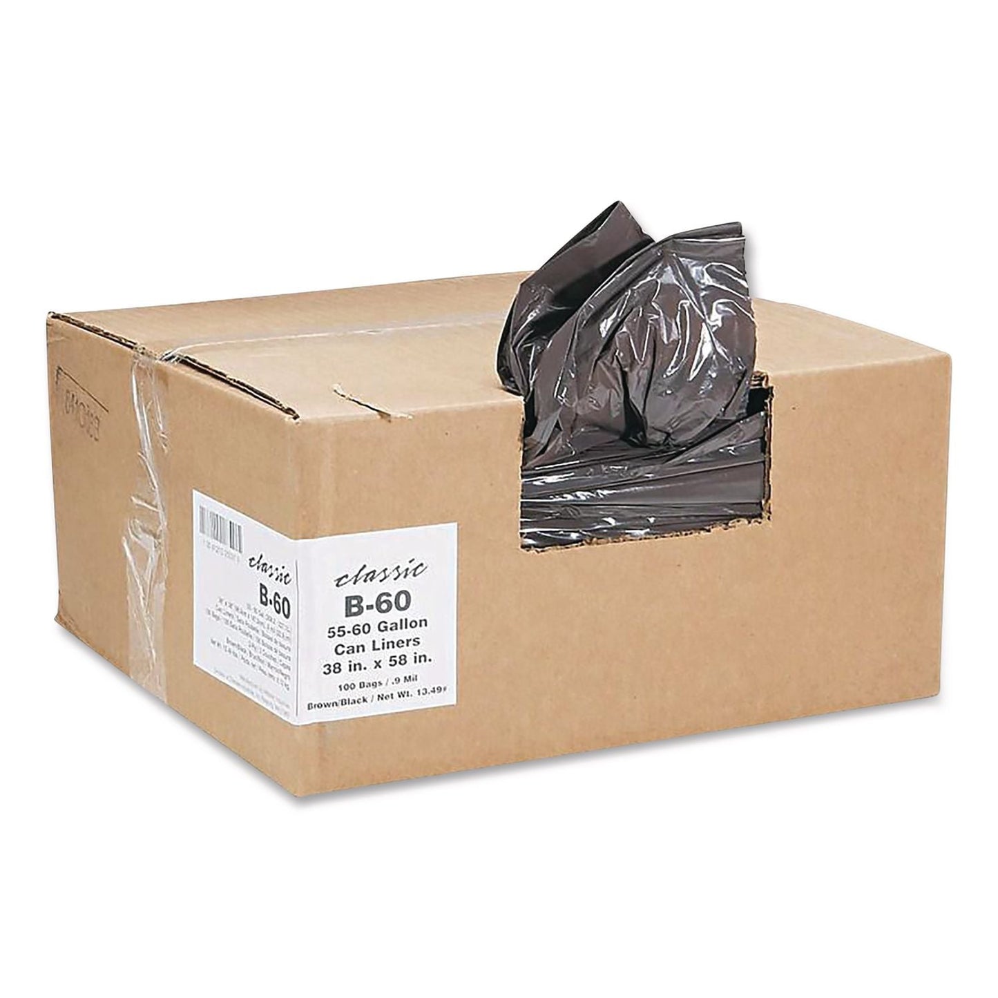 WBIB60790196 Linear Low-Density Can Liners, 60 gal, 0.9 mil, 38 x 58, Black, 10 Bags/Roll, 10 Rolls/Carton Classic