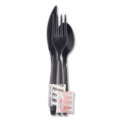 SCCRSK8Y0004 Reliance Mediumweight Cutlery Kit, Fork/Knife/Napkin/Pepper/Salt/Spoon, Plastic, Black, 250/Carton