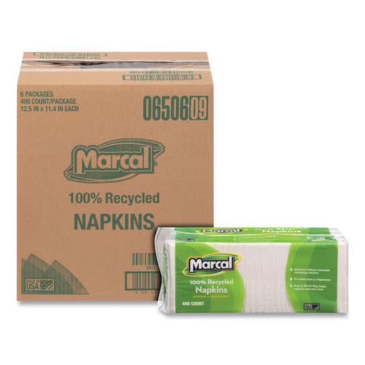 MRC6506 100% Recycled Luncheon Napkins, 1 Ply, 11.4 x 12.5, White, 400/Pack, 6 Packs/Carton
