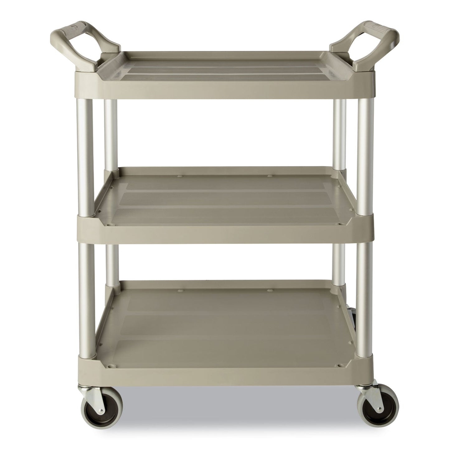 RCP342488PM Three-Shelf Service Cart, Plastic, 3 Shelves, 200 lb Capacity, 18.63" x 33.63" x 37.75", Platinum RUBBERMAID COMMERCIAL PROD.