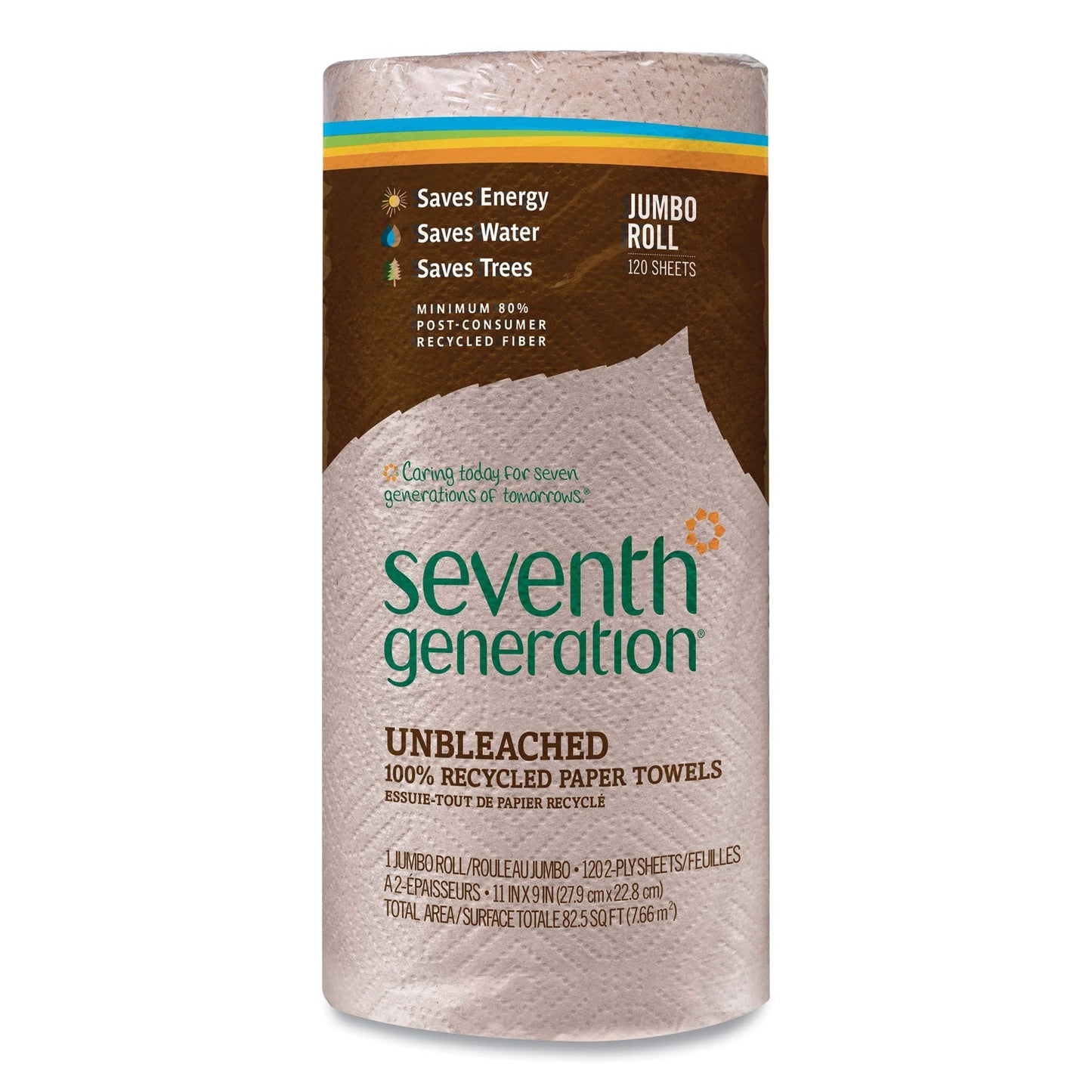 SEV13720CT Natural Unbleached 100% Recycled Paper Kitchen Towel Rolls, 2-Ply, Individually Wrapped, 11 x 9, 120/Roll, 30 Rolls/Carton Seventh Generation