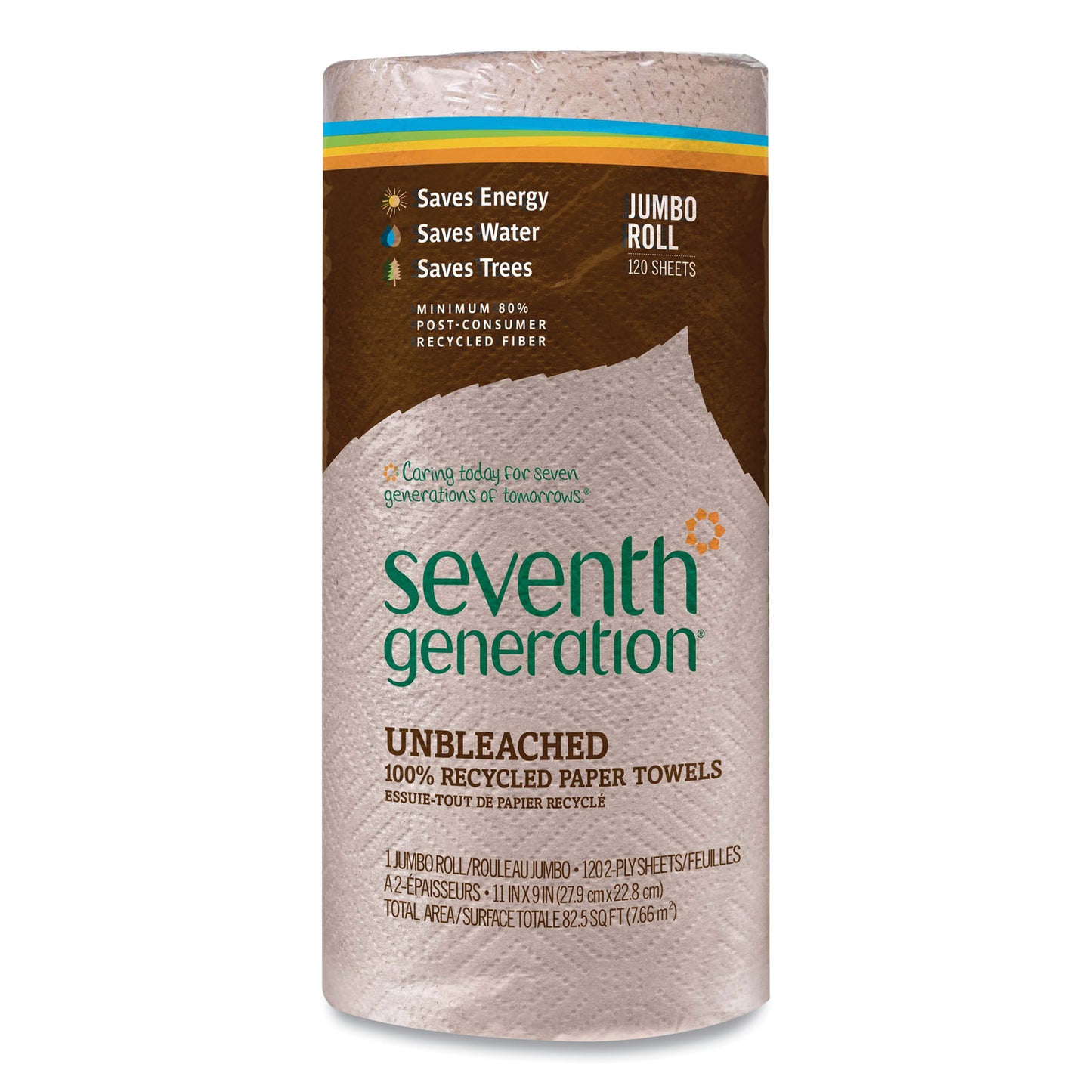SEV13720CT Natural Unbleached 100% Recycled Paper Kitchen Towel Rolls, 2-Ply, Individually Wrapped, 11 x 9, 120/Roll, 30 Rolls/Carton
