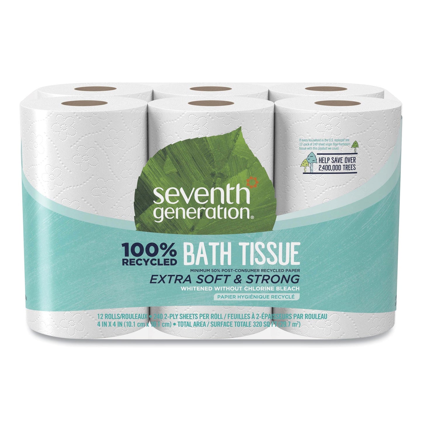 SEV13733CT 100% Recycled Bathroom Tissue, Septic Safe, 2-Ply, White, 240 Sheets/Roll, 12 Rolls/Pack, 4 Packs/Carton Seventh Generation