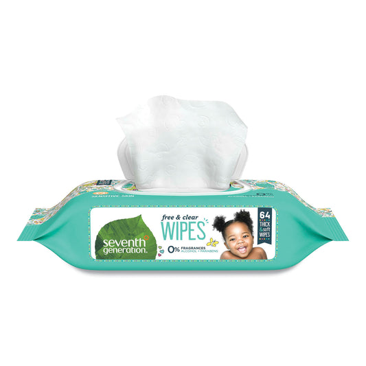 SEV34208CT Free and Clear Baby Wipes, 7 x 7, Unscented, White, 64/Flip Top Pack, 12 Packs/Carton