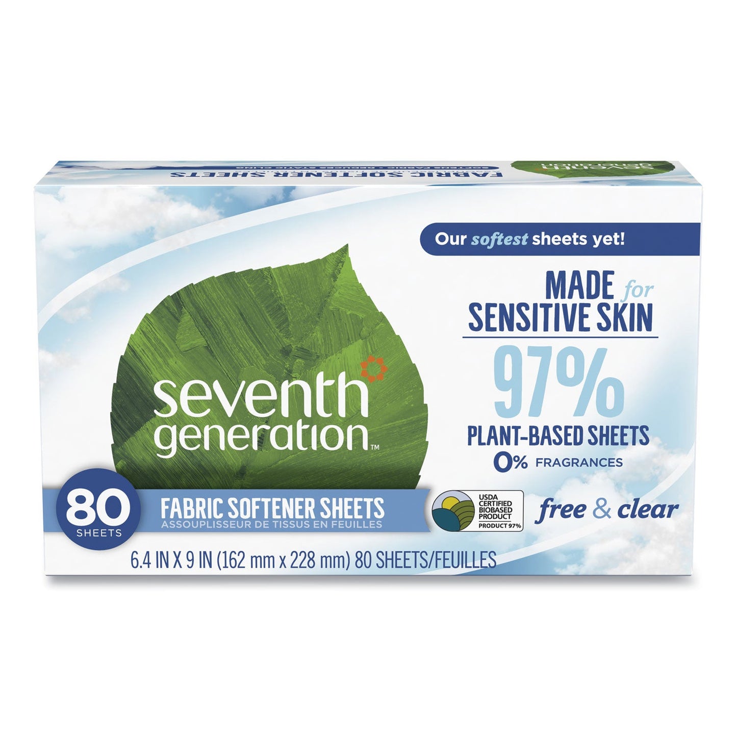 SEV44930CT Natural Fabric Softener Sheets, Unscented, 80 Sheets/box, 4/carton Seventh Generation