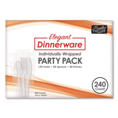 BSQ90191 Elegant Dinnerware Heavyweight Cutlery Assortment, Heavyweight, (120) Forks/(80) Spoons/(40) Knives, Plastic, White, 240/Box BERK ENTERPRISES INC