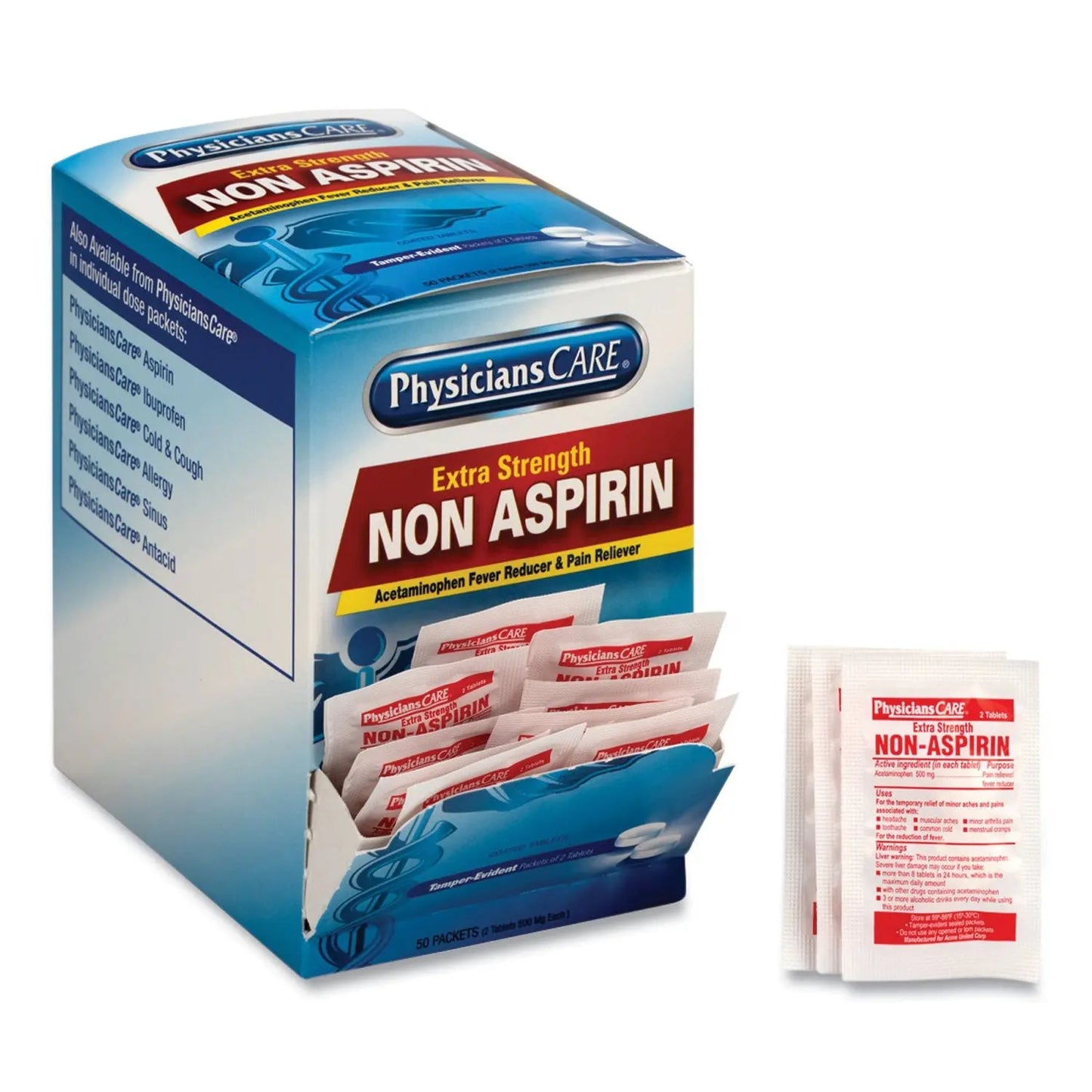 ACM90016 Non Aspirin Acetaminophen Medication, Two-Pack, 50 Packs/box PhysiciansCare