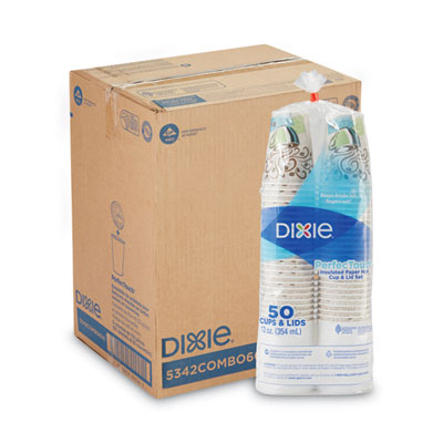 DXE5342COMBO6CT PerfecTouch Paper Hot Cups and Lids Combo, 12 oz, Coffee Haze Design, 50/Pack, 6 Packs/Carton DIXIE FOOD SERVICE
