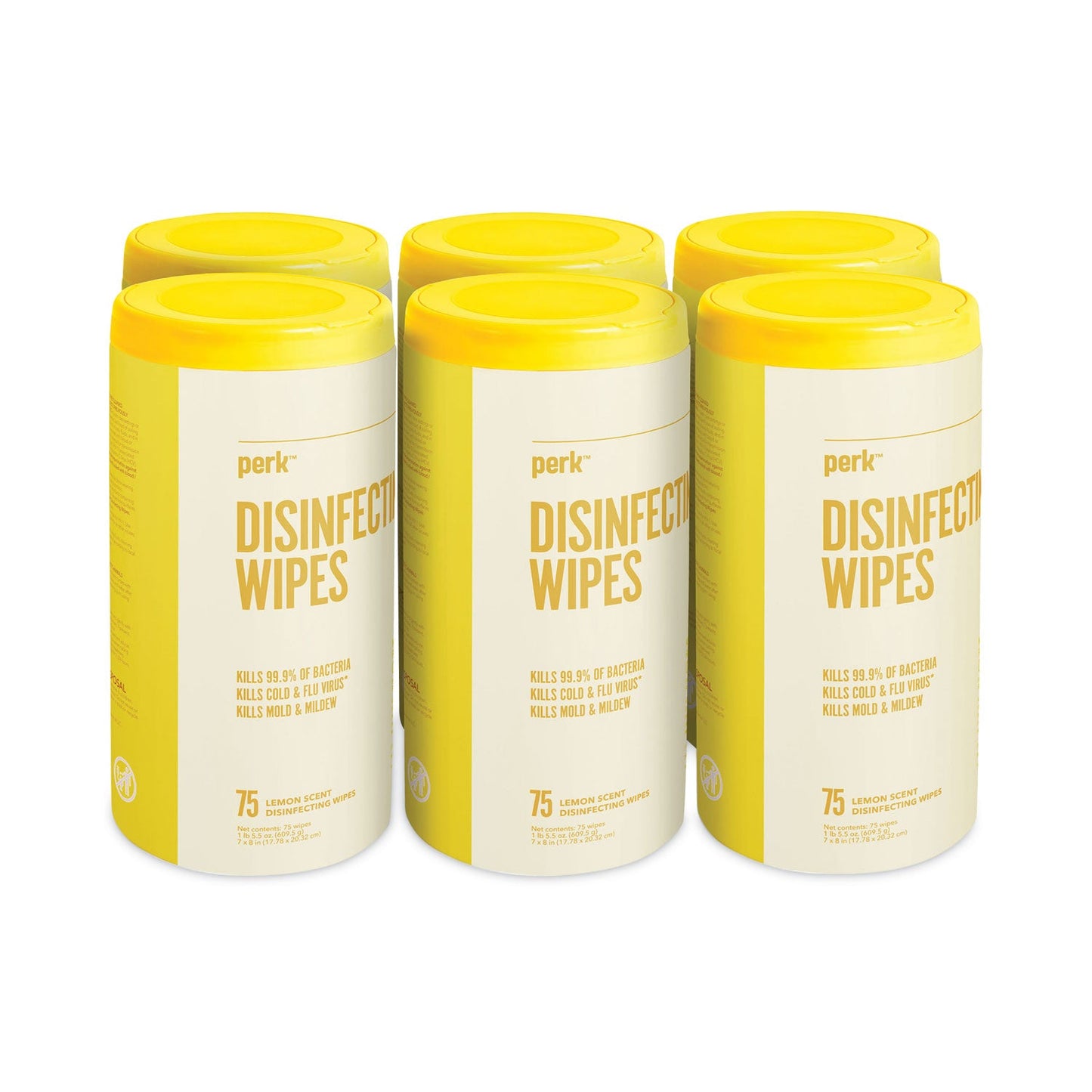 PRK56665CT Disinfecting Wipes, 7 x 8, Lemon, White, 75 Wipes/Canister, 6 Canisters/Carton Perk