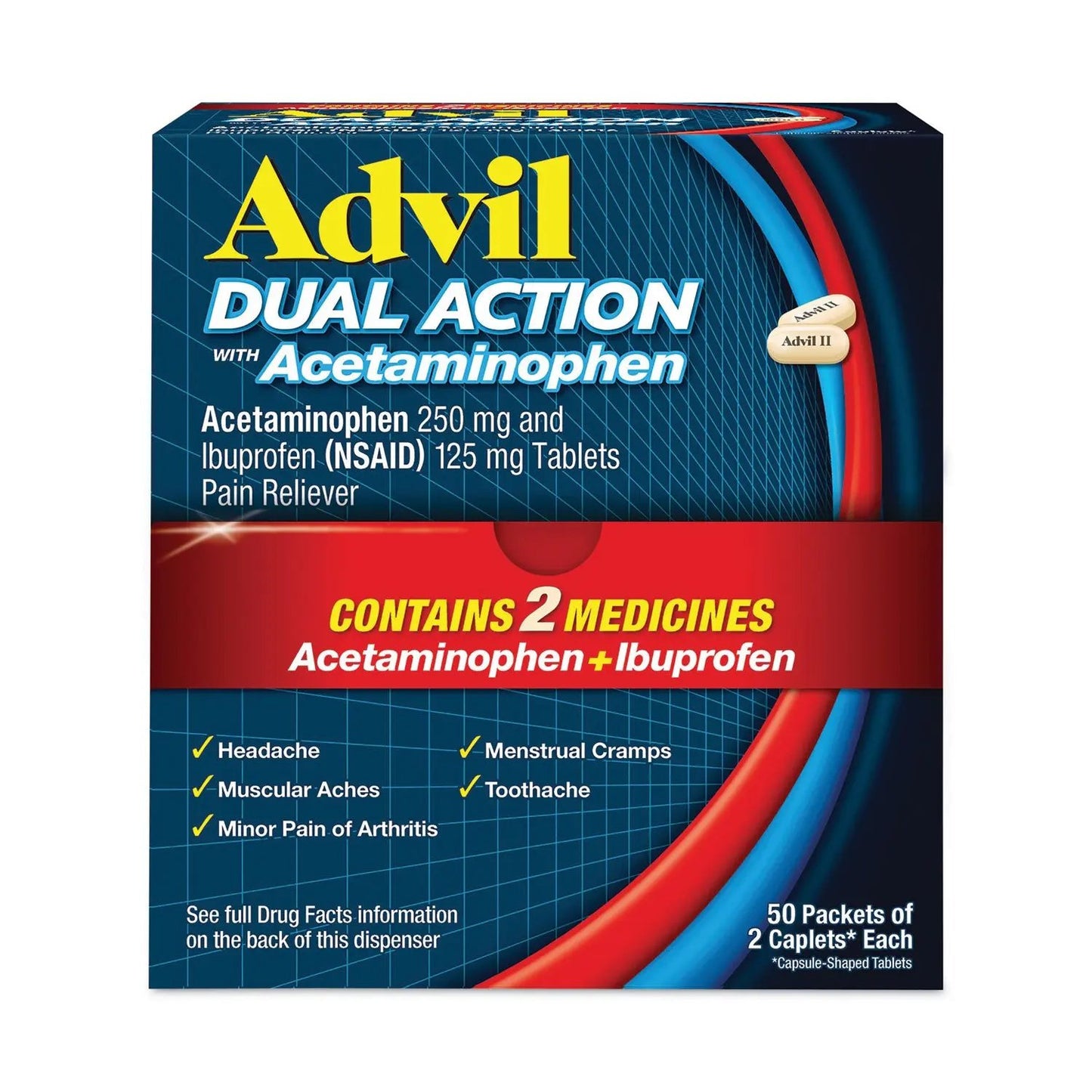 AVL014795 Dual Action with Acetaminophen and Ibuprofen Caplets, 50 Packets of 2 Caplets Advil