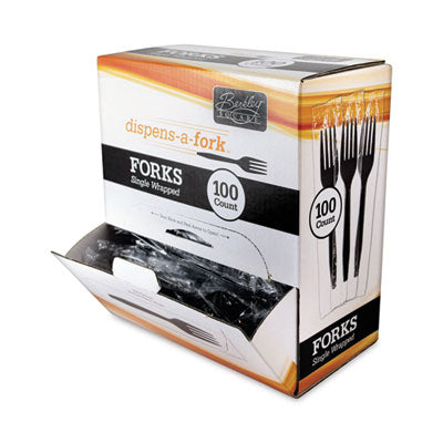 BSQBEP90202 Dispens-a-Fork, Individually Wrapped, Mediumweight Fork, Plastic, Black, 100/Box BERK ENTERPRISES INC