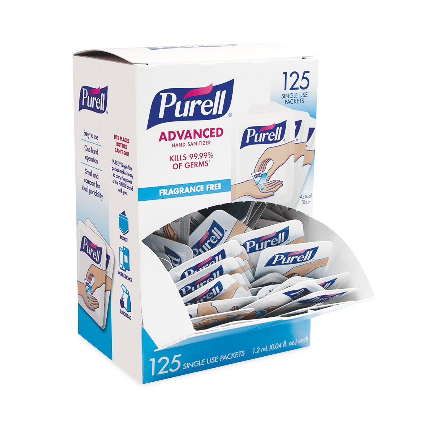 GOJ9630125NSBX Advanced Hand Sanitizer Single Use, Gel, 1.2 mL, Packet, Fragrance-Free, 125/Box PURELL